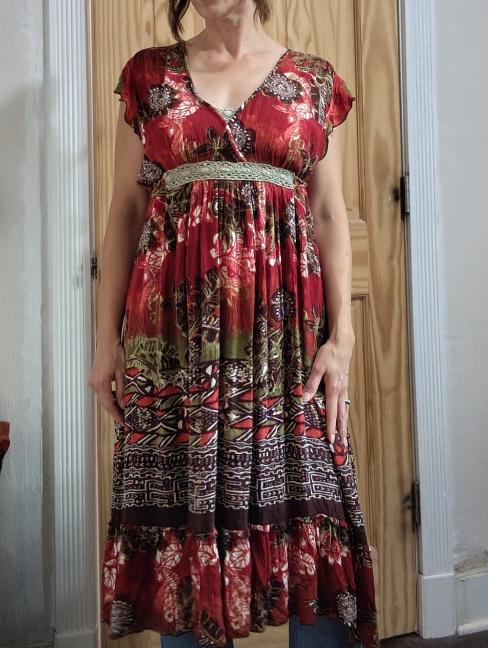 Red Floral Boho Midi High Low Dress with Lace Waist
